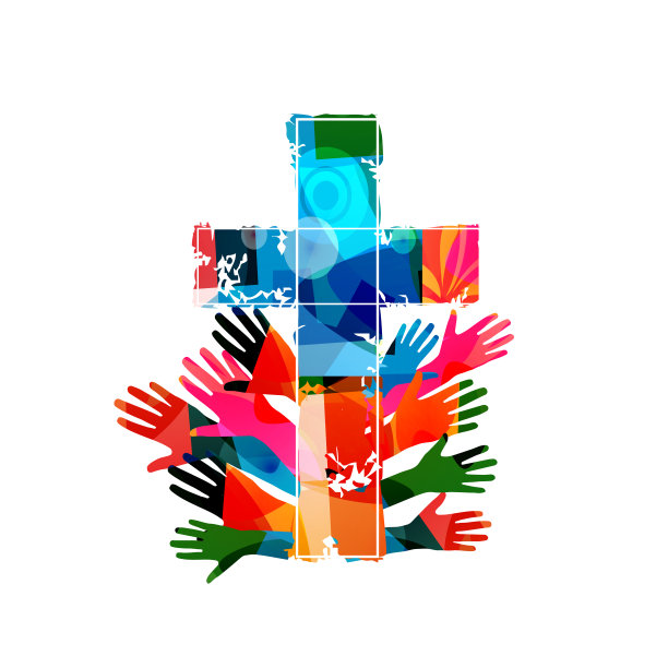 彩色基督教十字与人的手孤立矢量插图。宗教主题背景。设计为基督教，教会慈善，帮助和支持，祈祷和关怀图片下载