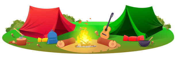 露营用帐篷、登山装备帐篷、工具。帐篷，森林，天空，露营，燃烧的火焰。露营的主题。矢量图图片下载