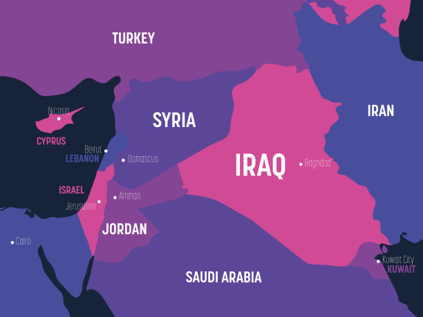 中东地图。中东和阿拉伯半岛地区的高度详细的政治地图与国家，首都，海洋和海洋名称标签图片下载