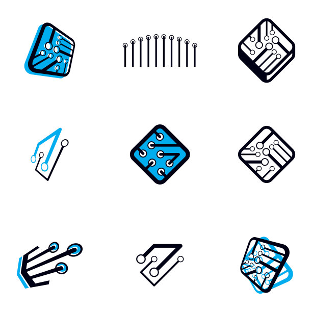 技术交流控制论元素集合。矢量抽象电路板。一套电子微处理器标志。图片下载