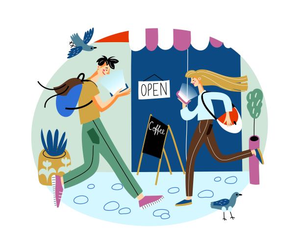 走路时被手机分心的青少年。男孩和女孩走了，手里拿着智能手机。在线社交网络生活方式矢量插图。时髦的学生带着设备在街上图片下载