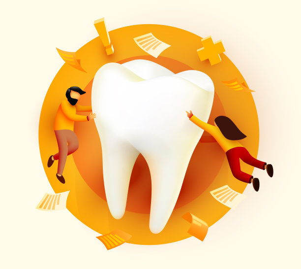 人们围着大牙齿飞来飞去。牙科诊所。牙齿保健。网页，横幅，展示。人物在线调查。图片下载