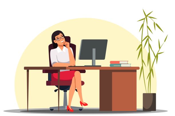 商业妇女工作在笔记本电脑在办公室人物卡通矢量插图。女孩坐在电脑桌前，公司工作。快乐的员工，年轻的女商人，工作空间的员工图片下载