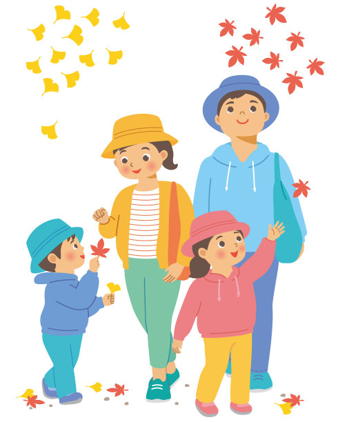 父母和孩子在看秋天的落叶图片下载