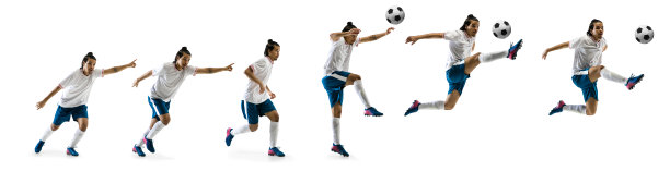 自信的足球运动员在运动和行动孤立的白色背景，踢球在动态图片下载