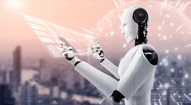 人形机器人利用手机或平板电脑进行大数据分析图片下载