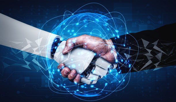 3D渲染人形机器人握手协作未来技术图片下载