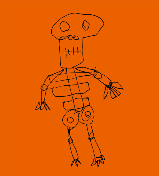 Child’s handwritten human bone skeleton illustration orange background图片下载
