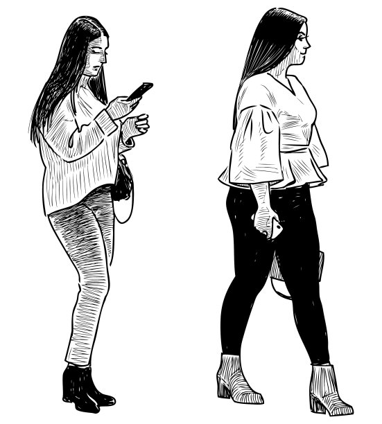 手画两个城镇女孩与移动图片下载
