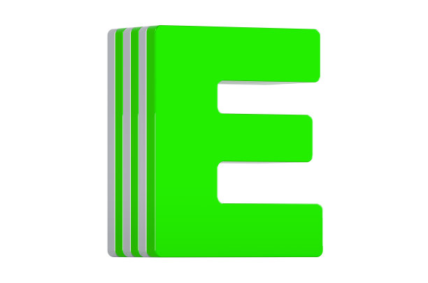 绿色字母E，分层字体。3D渲染孤立的白色背景图片下载