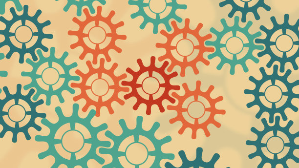 五颜六色的齿轮准确地转动在一起，就像一个集成的机构。图片下载