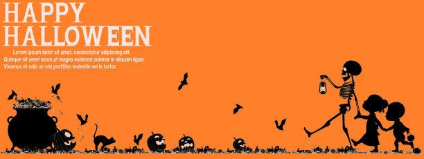 万圣节前夜，一个骷髅和两个孩子要去鬼屋。有2个独特的图层，黑色和白色的橙色背景。图片下载
