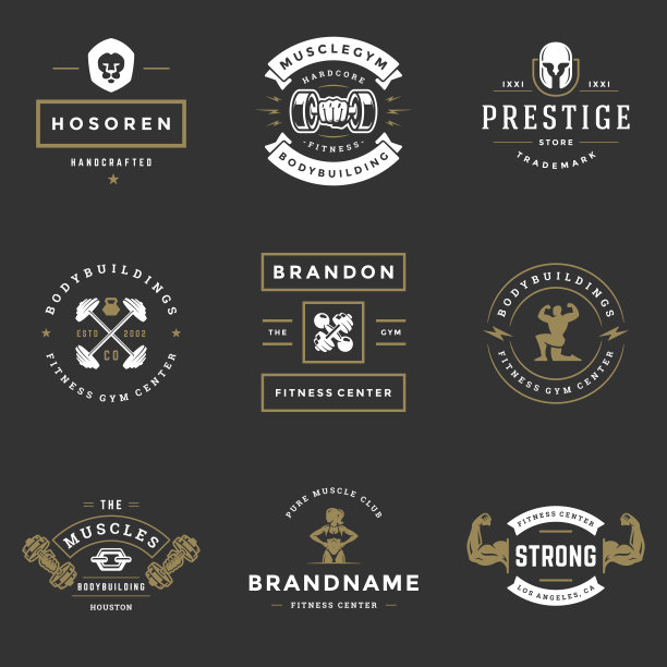 健身中心和体育健身标志和徽章设计集矢量插图复古印刷标签与设备图片下载