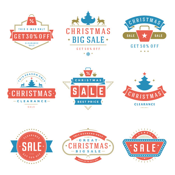 圣诞销售标签和徽章文字排版装饰设计矢量复古风格集图片下载