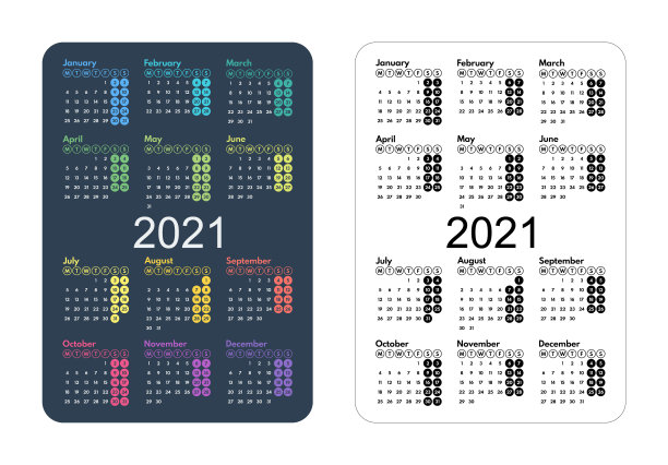2021口袋日历，第一天星期一，两个周末，矢量插图图片下载