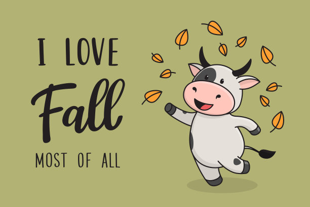 可爱的秋天贺卡，上面有公牛和手写的文字“我最喜欢秋天”。牛、牛、牛在中国历法中是2021年的象征。矢量股票准备打印模板图片下载