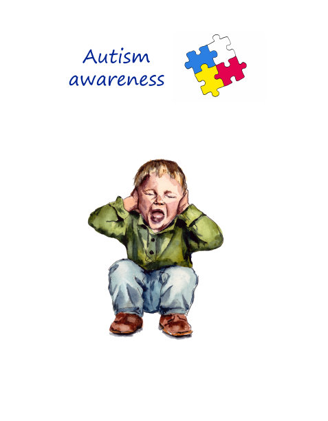 儿童孤独症的水彩画。提高自闭症意识。孩子坐在地板上尖叫。孤立在白色背景上素材图片