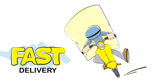 场景与孤立的信使在摩托车上的白色背景。卡通交付。图片下载