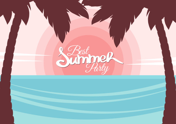 海景与棕榈树的剪影在日落的背景。图片下载