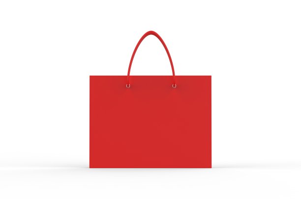 红色购物纸袋，手提袋模型模板上孤立的白色背景，3d插图图片下载