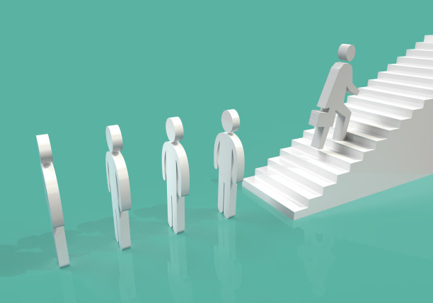 一群人在楼梯前排成一列。谁先爬，谁就在爬第一级台阶。图片下载