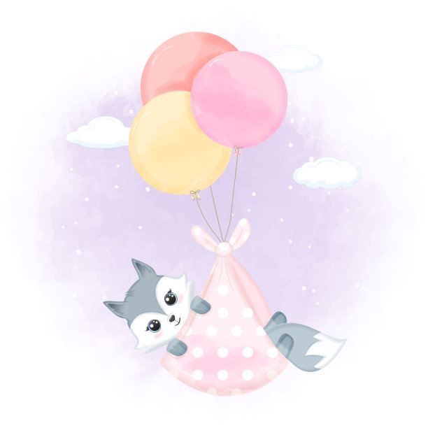 可爱的小狐狸用气球手绘新生动物卡通插图图片下载
