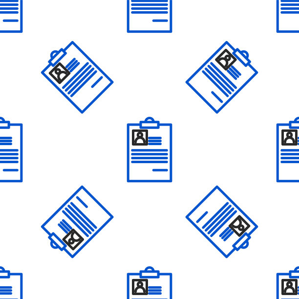 在白色背景上带有简历图标独立无缝图案的线条剪贴板。简历的应用程序。个人简历、职位申请表及个人照片。色彩斑斓的轮廓的概念。向量图片下载