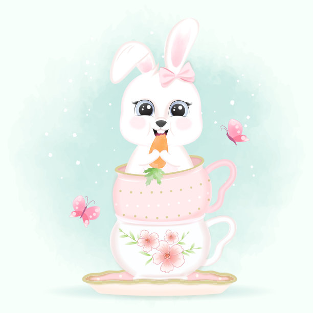 兔子宝宝在咖啡杯里吃胡萝卜和蝴蝶手绘的卡通动物水彩画图片下载