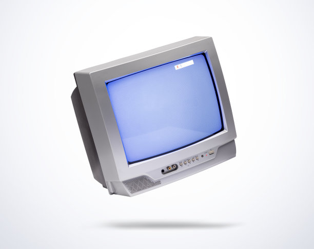 工作的旧灰色CRT电视在空气中，在灯光背景。文件包含到隔离的路径。图片下载