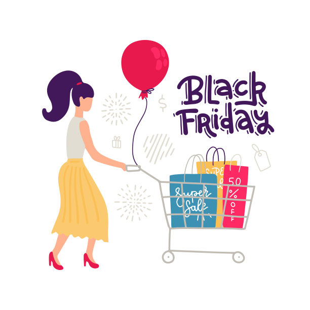 彩色的女性销售人物孤立在白色的背景。女性在时髦的平裙风格和线条与购物车和袋子。大折扣，黑色星期五的字母报价。矢量插图。图片下载