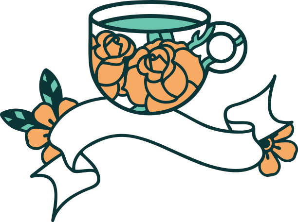 纹身的旗帜，一个杯子和鲜花图片下载