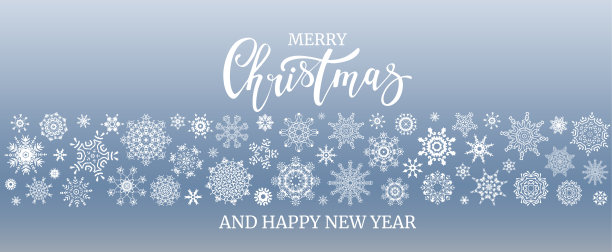 蓝色的圣诞旗帜模板与白色的雪花和刻字题词。图片下载