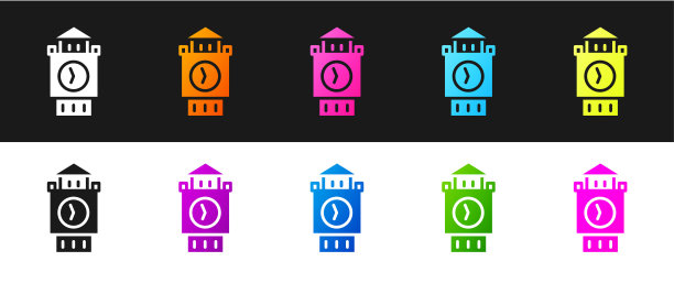 设置大本钟塔图标孤立的黑色和白色背景。伦敦和英国的象征。向量图片下载