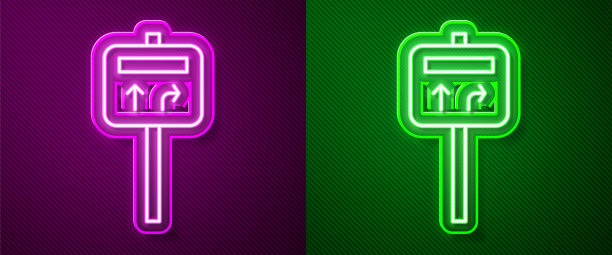 发光的霓虹灯线道路交通标志。路标图标孤立在紫色和绿色背景上。指针的象征。街道信息信号。方向的信号。向量图片下载
