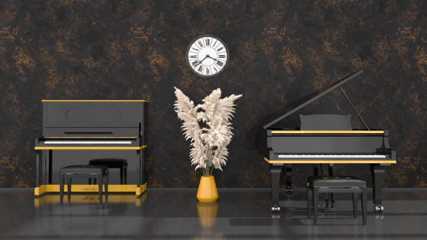 黑色内饰，黑色和黄色的钢琴，三角钢琴和古董钟图片下载