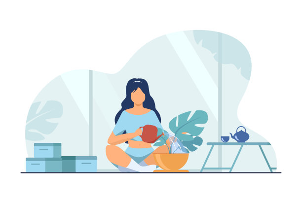 女人坐在地板上给植物浇水图片下载