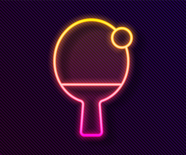 发光的霓虹灯线球拍打乒乓球图标孤立在黑色背景。向量图片下载