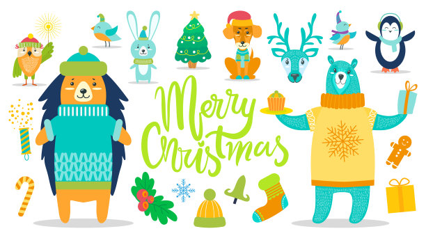 圣诞节海报动物矢量插画图片下载