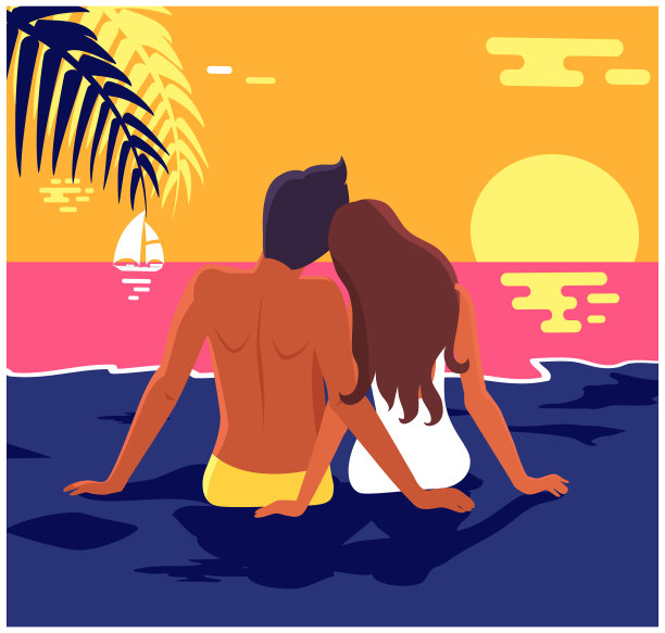 一对夫妇坐在海滩上，看着蓝色的深海图片下载