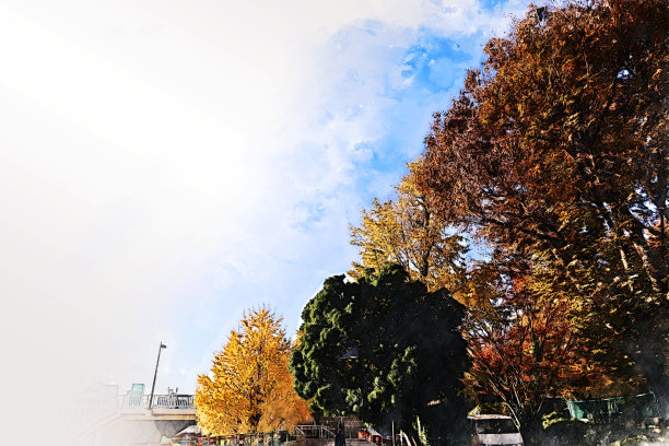 以城市中抽象的彩色树木景观为背景绘制水彩插画。图片下载