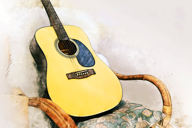 抽象彩色吉他在前景上的水彩画背景和数字插图画笔艺术。图片下载