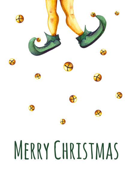 水彩插图模板贺卡新年和圣诞节快乐。一个圣诞精灵的脚穿着黄色的袜子和鞋子，白色的背景上有金色的铃铛。孤立的图片下载