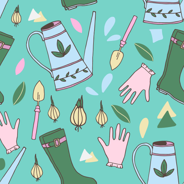 无缝图案与园林工具，绿色背景，织物设计。图片下载