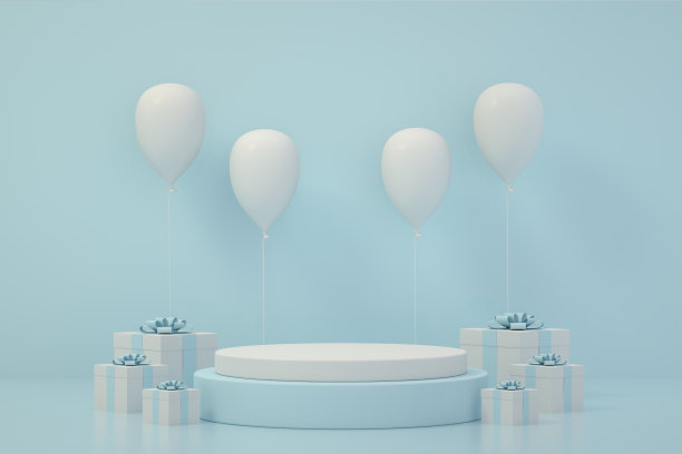 3D空产品站，平台，讲台与礼盒和气球，最小的设计图片下载