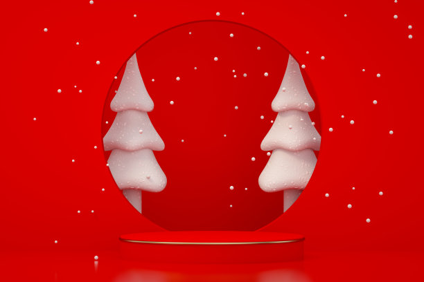 圣诞新年概念，空产品站，平台，讲台，红色背景素材图片