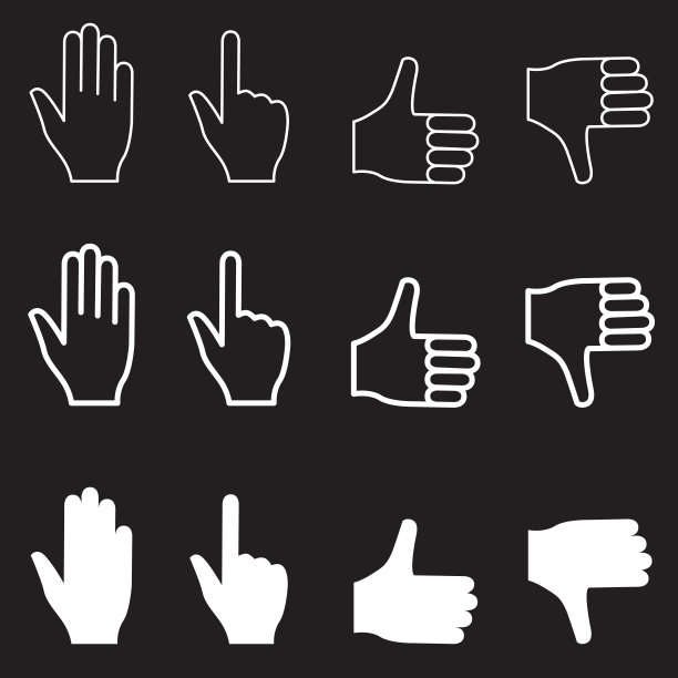 一组白色的手图标。矢量线性插图孤立在黑色背景。图片下载