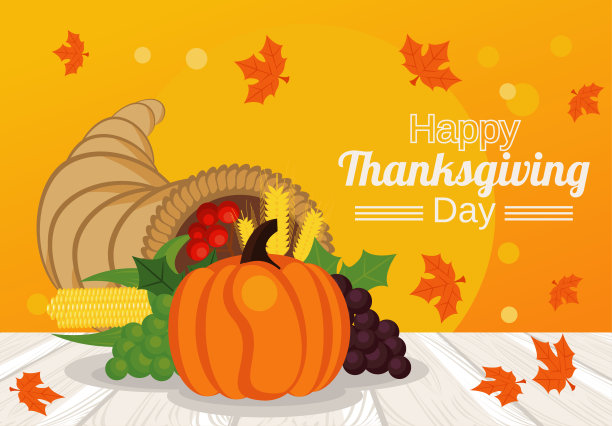 感恩节快乐海报，南瓜角和水果图片下载