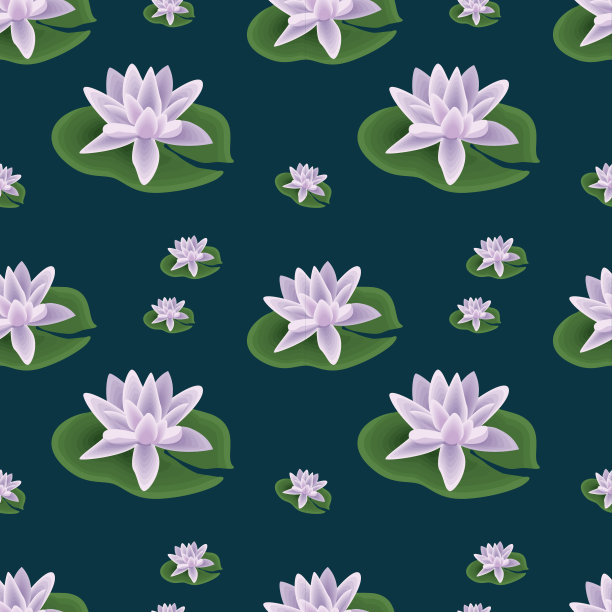 花卉无缝图案与荷花时髦的海军蓝背景。可爱的点缀素材图片