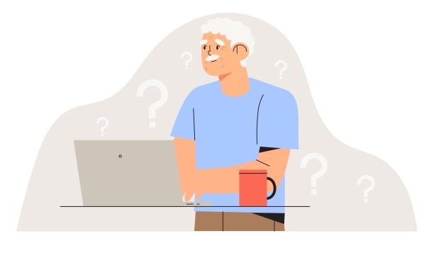 老年人学习使用笔记本电脑或电脑工作有困难。老一代的问题是使用技术。图片下载