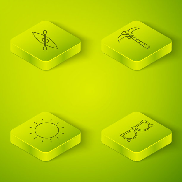 设置等距热带棕榈树，太阳，眼镜和皮划艇或独木舟和桨图标。向量图片下载